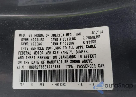 2014 Honda Accord Ex-L from USA, damaged, VIN 1HGCR2F85EA143136